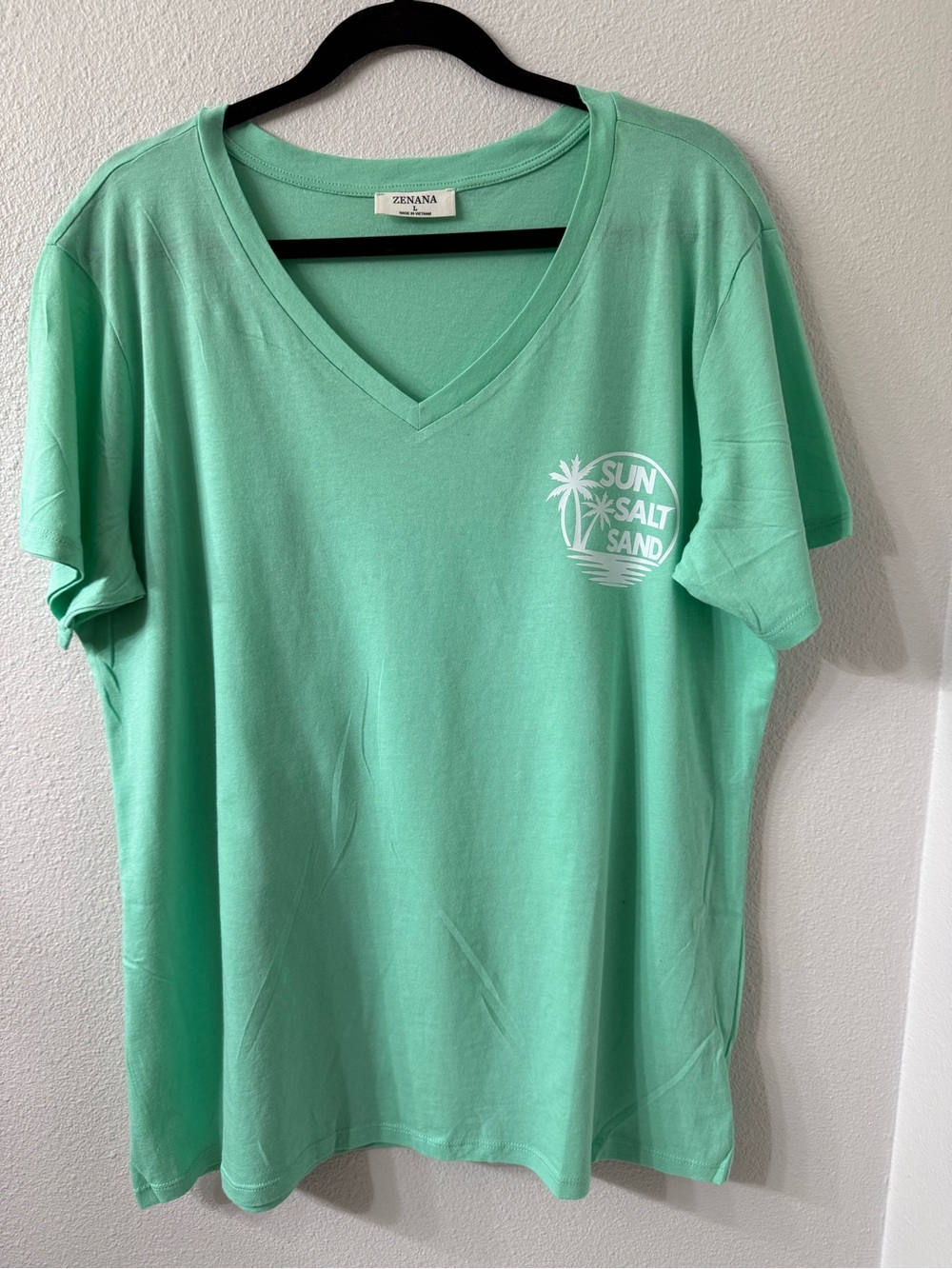 100% Cotton Sun Salt Sand Mint Green V-Neck Tee - Zenana-Relaxed Large